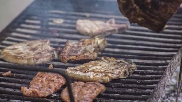 肉は火と煙でグリルで調理されます — ストック動画