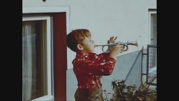 Berlin Germany April 1960 Child Plays Trumpet — Stock Video