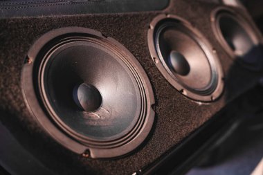 Car audio system with multiple woofers and speakers delivering deep, powerful bass and clear sound for an immersive music experience in a custom vehicle setup