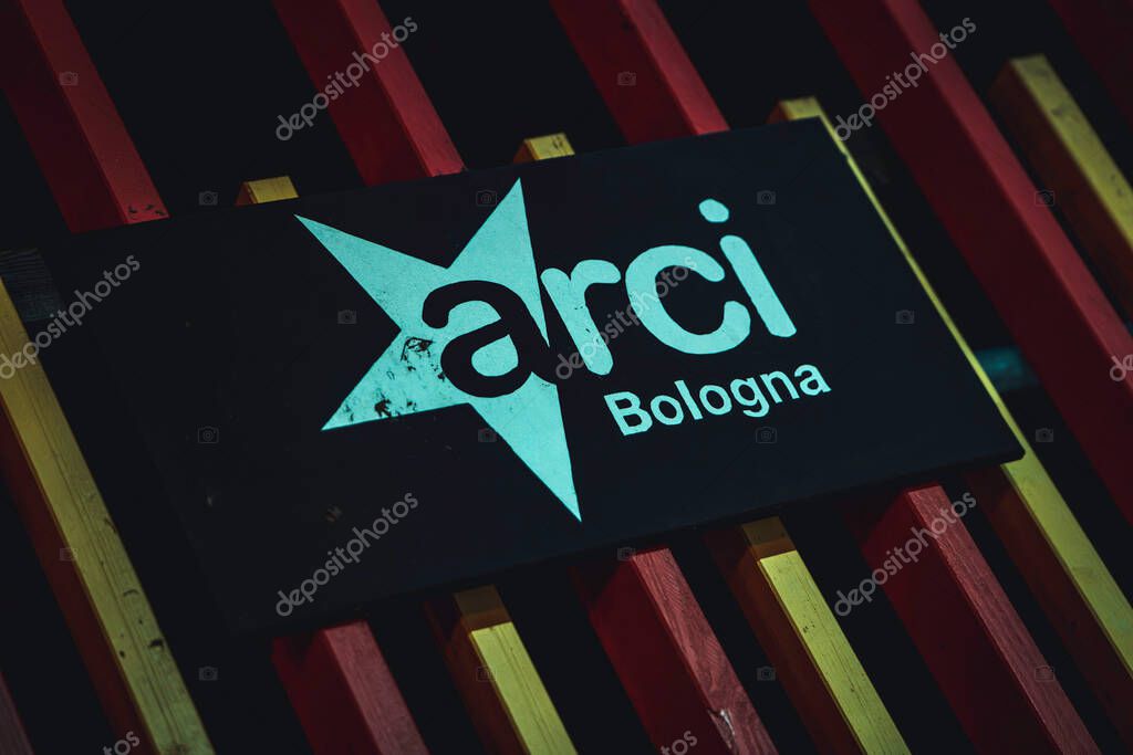 Milan, italy 28 october 2025: arci bologna club sign advertising the association on a colorful background, indicating a place for community and culture