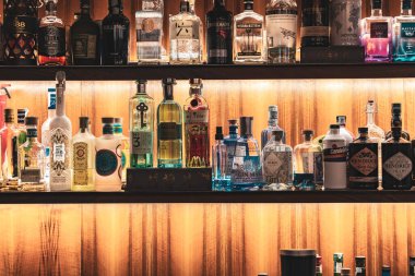 Rovigo, İtalya, 18 Aralık 2025: ahşap bir bar rafında sergilenen cin ve ruh şişelerinin çeşitliliği, sıcak arka ışıklandırmayla aydınlatılmış, davetkar bir atmosfer yaratıyor.