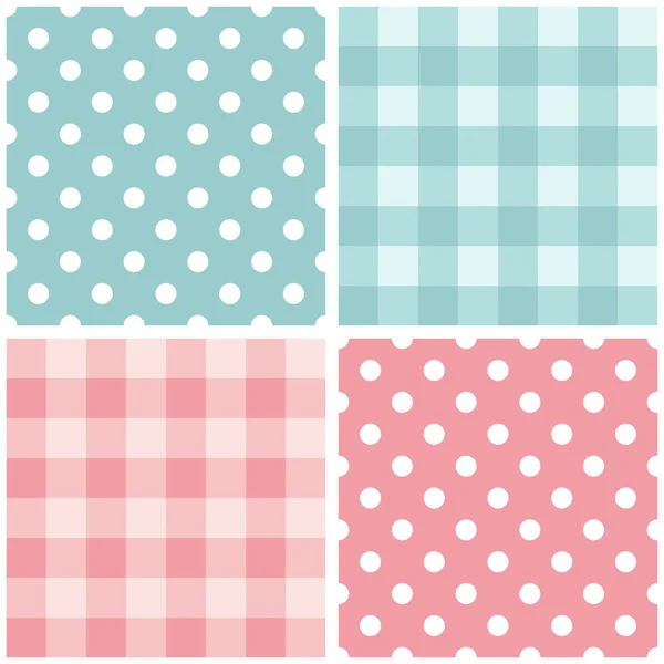 Tile pink and blue vector pattern set with polka dots and checkered plaid — Stock Vector