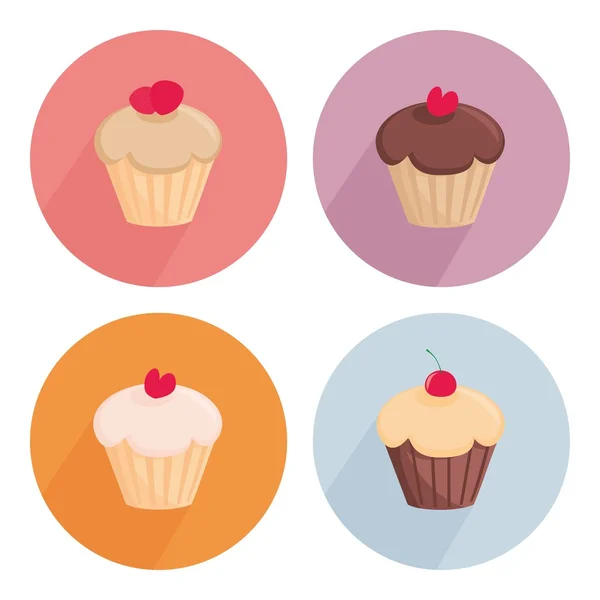 Beyaz arka plan üzerinde izole tatlı vektör cupcake düz Icon set — Stok Vektör