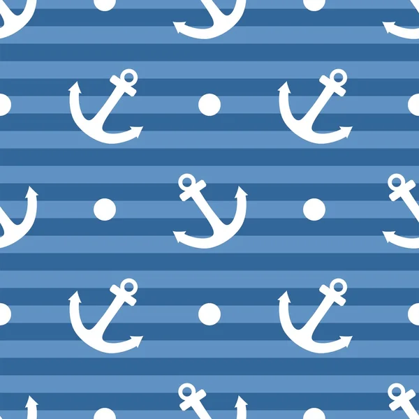 Tile sailor vector pattern with white anchor and polka dots on navy blue stripes background — Stock Vector