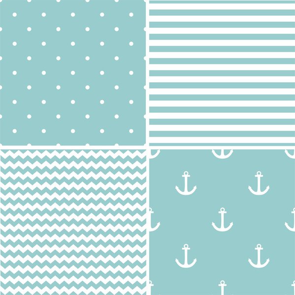Tile sailor vector pattern set with white polka dots, zig zag and stripes on blue background