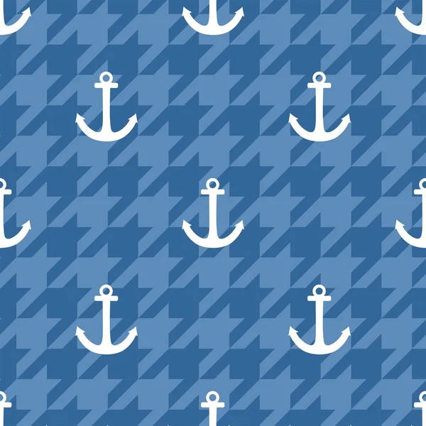 Tile sailor vector pattern with white anchor on navy blue houndstooth background — Stock Vector