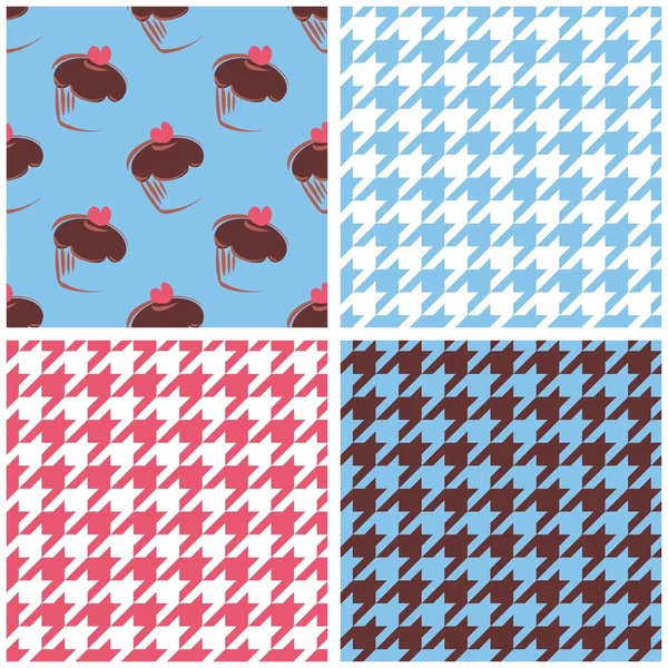 Tile wallpaper vector background set with houndstooth and heart chocolate cupcakes — Stock Vector
