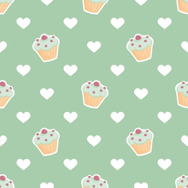 Tile vector pattern with cupcake and hearts on mint green background — Stock Vector