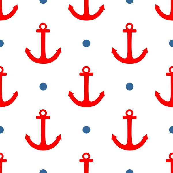 Tile sailor vector pattern with blue polka dots and red anchor on white background — Stock Vector
