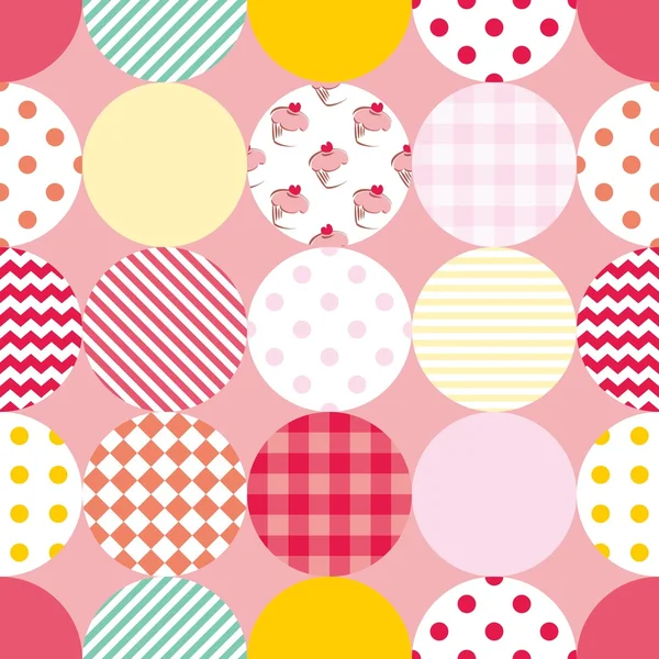 Tile patchwork vector pattern with polka dots on pastel pink background — Stock Vector