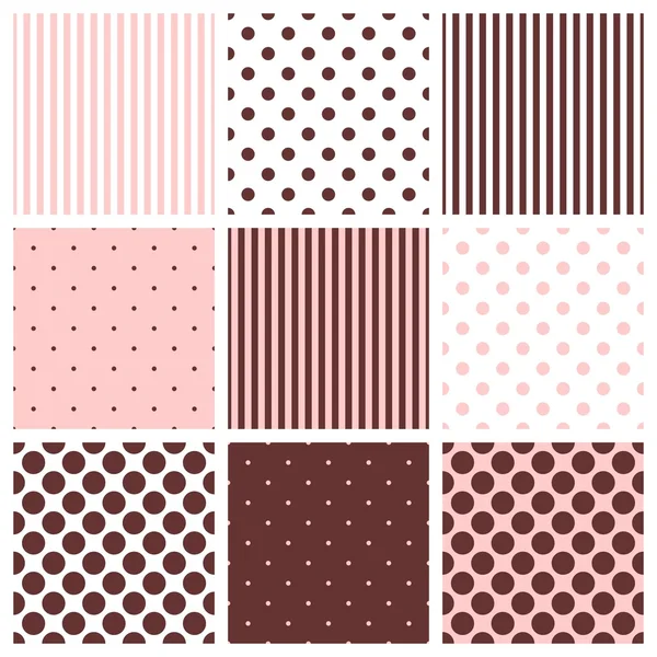 Pink, white and brown tile vector pattern set with polka dots and stripes — Stock Vector