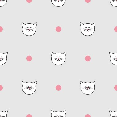 Beyaz kedili döşeme vektör deseni ve gri arka planda pembe benekli benekler
