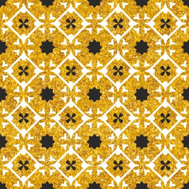 Döşeme dekoratif zemin altın, beyaz ve siyah fayanslar vektör deseni veya pürüzsüz arkaplan