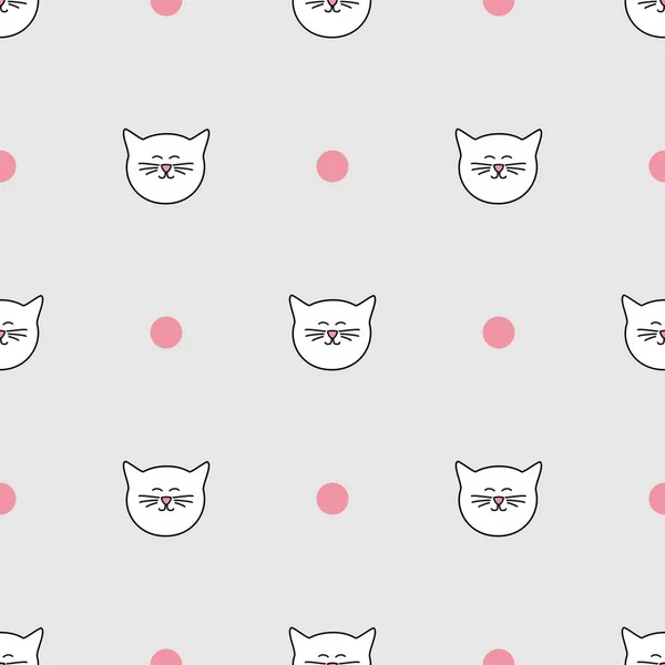 Πλακάκια Διάνυσμα Μοτίβο Λευκές Γάτες Και Ροζ Πουά Γκρι Φόντο — Διανυσματικό Αρχείο