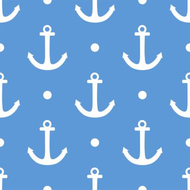 Beyaz çapalı karo denizci vektör deseni ve pastel mavi arkaplan üzerindeki polka noktaları