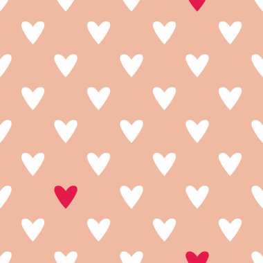 Pastel pembe arka planda beyaz ve kırmızı kalpli sevimli vektör deseni