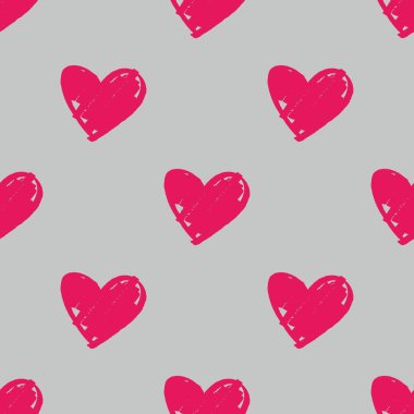 Gri arkaplanda elle çizilmiş pembe kalplerle döşeme vektör deseni