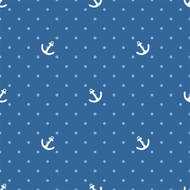 Beyaz çapalı karo denizci vektör deseni ve pastel mavi arkaplan üzerindeki polka noktaları