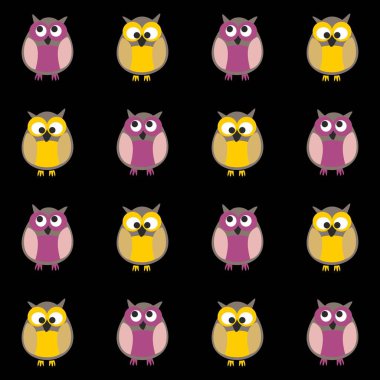 Siyah arkaplanda baykuşlar olan döşeme vektör deseni