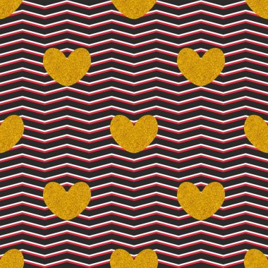 Altın kalpleri ve siyah, beyaz ve pembe zig zag arkaplanı olan döşeme vektör deseni