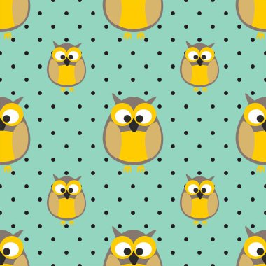 Baykuşlu döşeme vektör deseni ve nane yeşili arkaplanda siyah polka noktaları