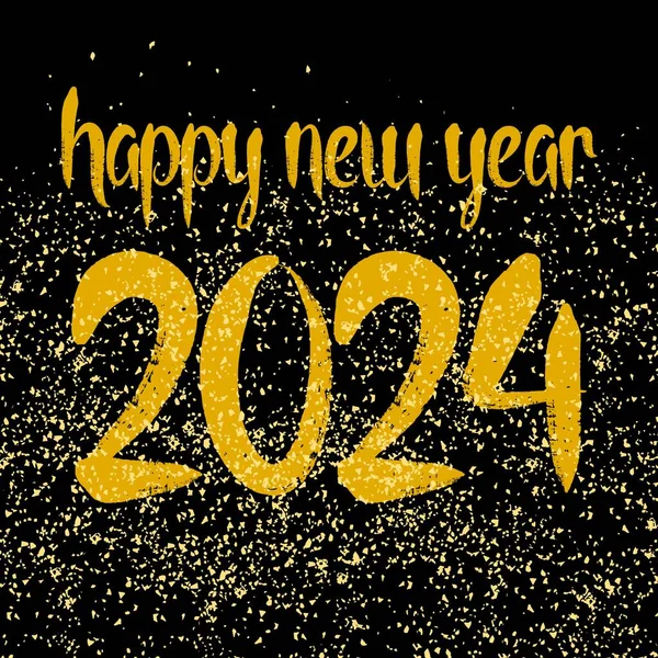 Happy New Year 2024 Hand Drawn Golden Vector Wishes Black — Stock Vector