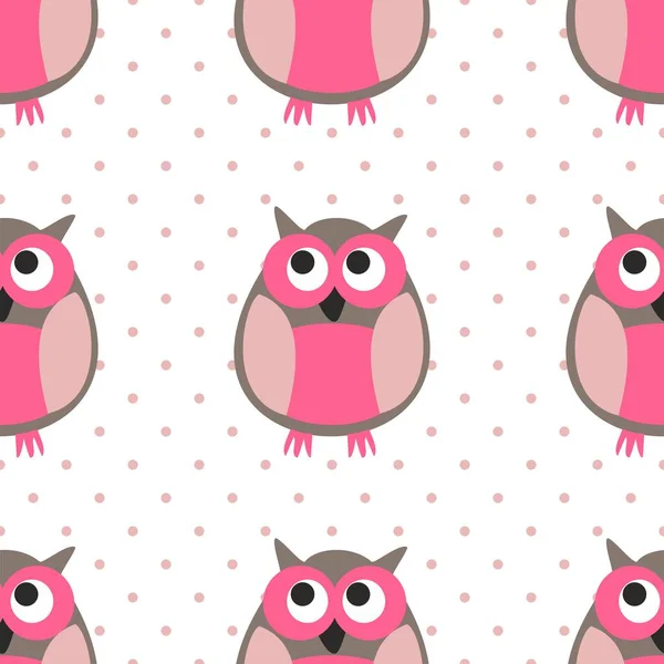 Tile Vector Pattern Owls Pink Dots White Background — Stock Vector