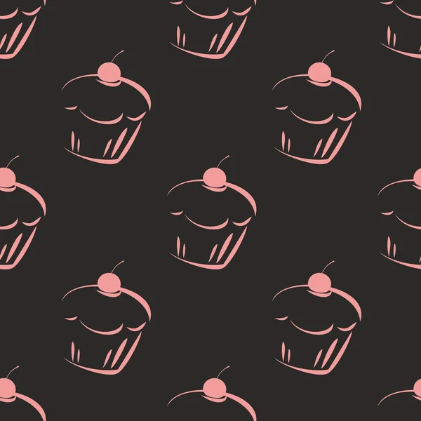 Patrón de vector oscuro sin costuras o textura de azulejo con cupcakes de color rosa — Archivo Imágenes Vectoriales