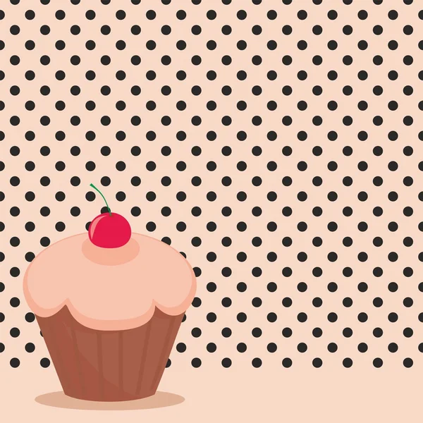 Körsbär cupcake på svarta prickar rosa bakgrund vektor illustration — Stock vektor