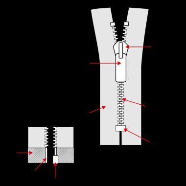 siyah arka plan üzerine izole fermuar vektör çizim.