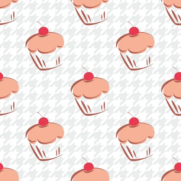 Azulejo vector fondo con cupcake de cereza en patrón houndstooth blanco y gris — Archivo Imágenes Vectoriales