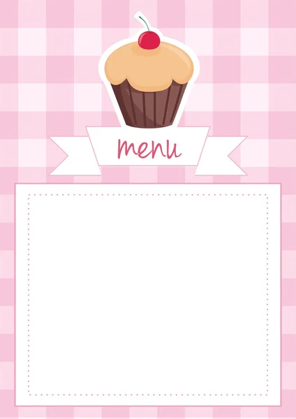Vector card or baby shower invitation with chocolate cherry cupcake on pink plaid — Stock Vector