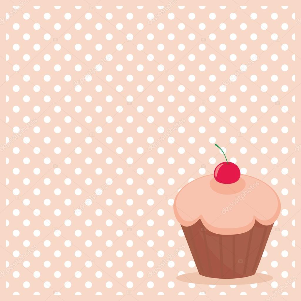 Cherry vector cupcake on white polka dots pink background