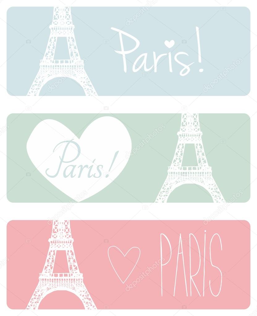 Love Paris vector banner set with Eiffel Tower and hearts