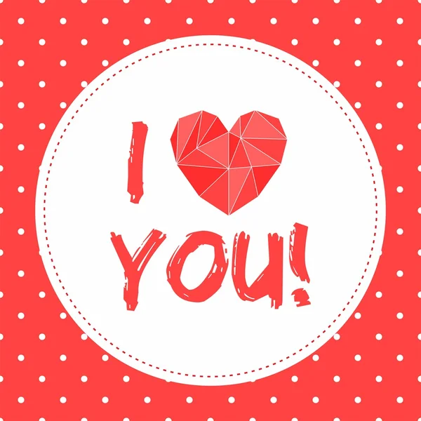 Jag älskar dig valentines vektor kort med hjärta och vita prickar på röd bakgrund — Stock vektor