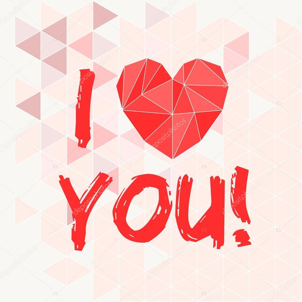 Red vector valentines heart and I love you text on pink triangle background