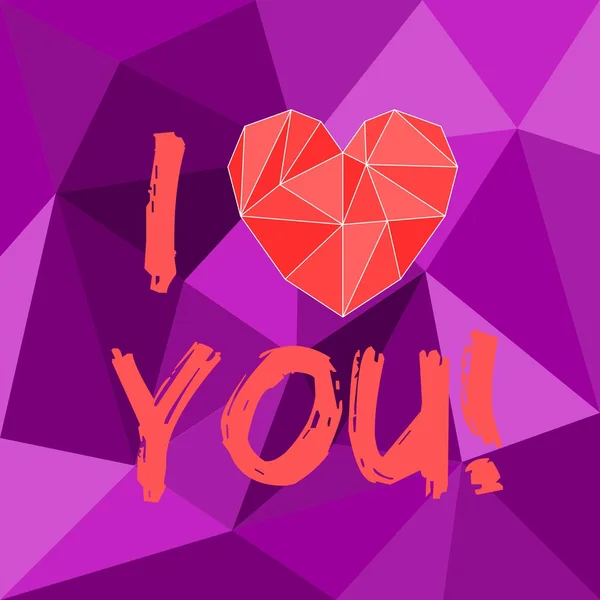 Je t'aime carte vectorielle avec coeur rouge sur fond triangle violet — Image vectorielle