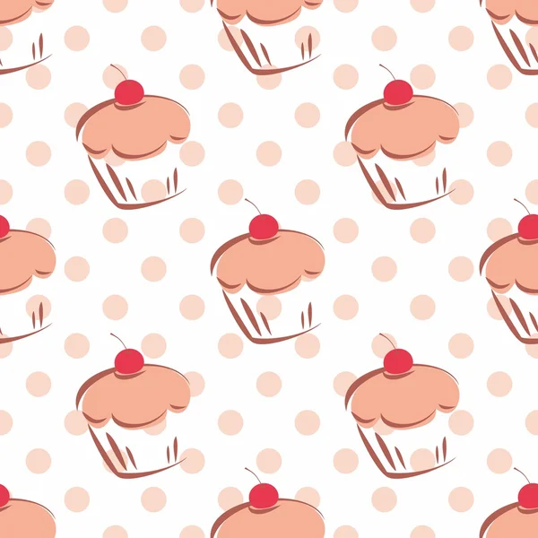 Tile vector pattern with cupcakes and pink polka dots on white background — Stock Vector