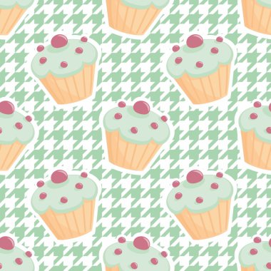 Vektör cupcake desen nane yeşil houndstooth arka plan üzerinde döşeme.