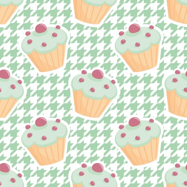 Tile vector cupcake pattern on mint green houndstooth background. — Stock Vector