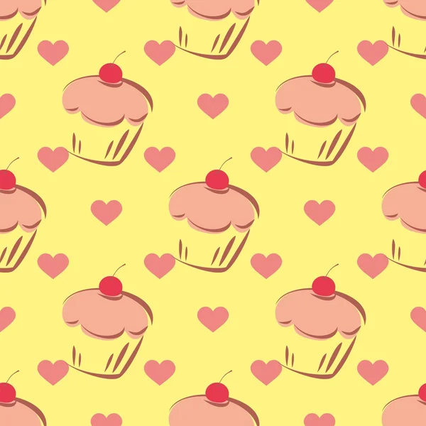 Tile vector pattern with cupcake and hearts on yellow background — Stock Vector