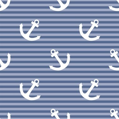 Tile sailor vector pattern with white anchor on navy blue stripes background