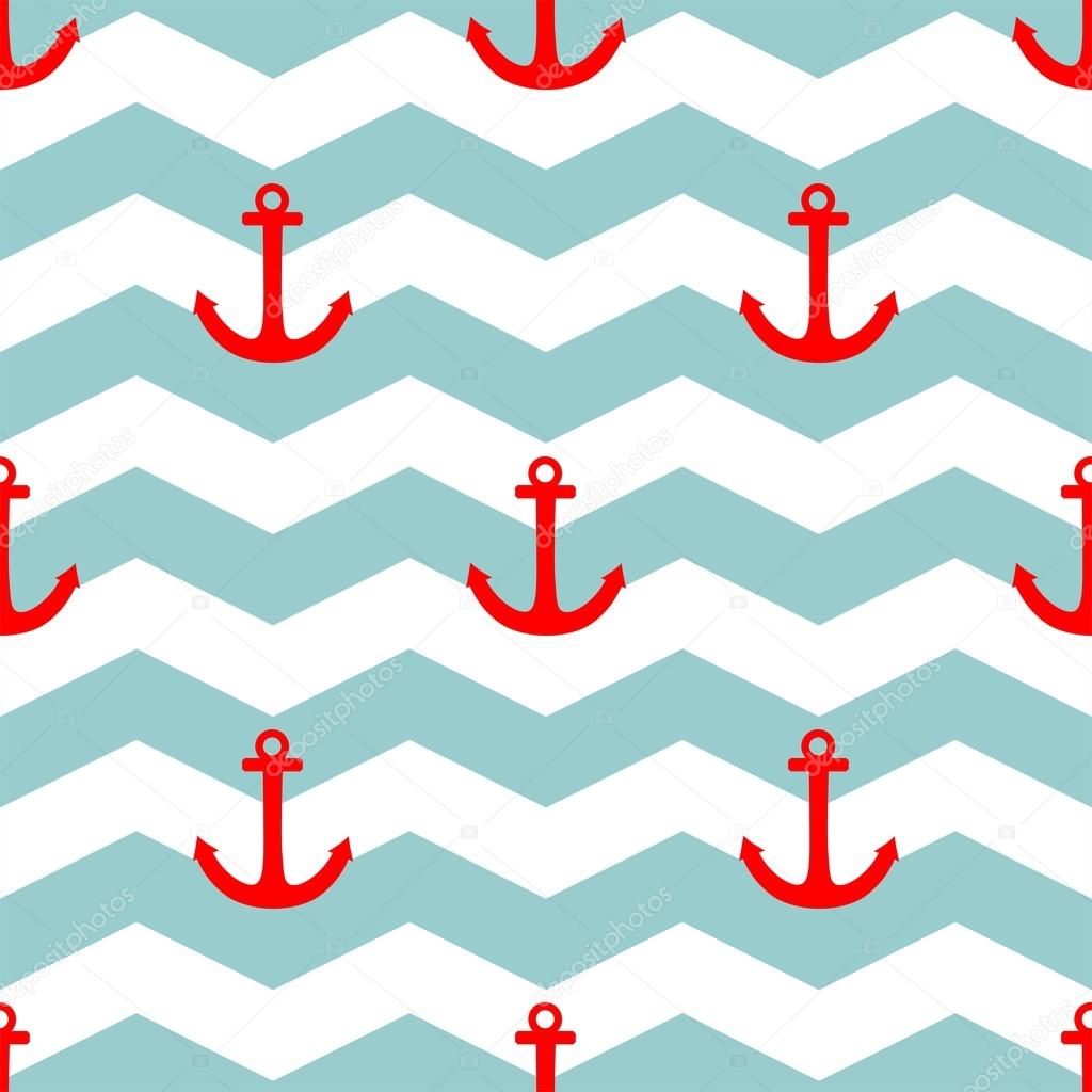 Tile sailor vector pattern with red anchor on white and blue stripes background