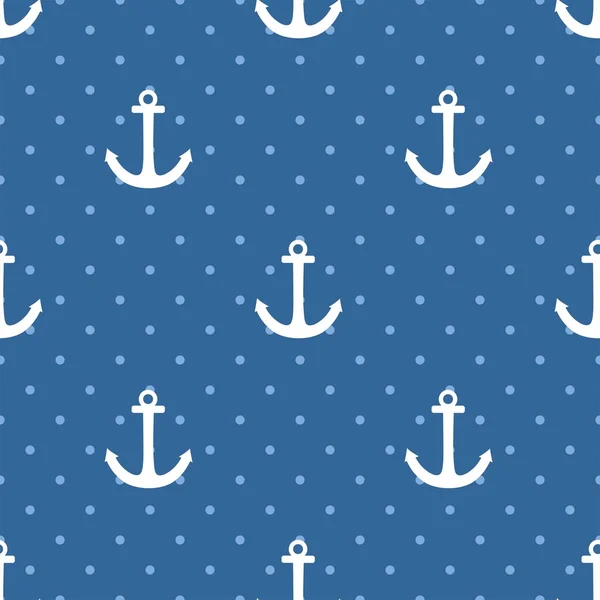 Lacivert arka planda beyaz çapa ve benekli döşeme denizci vektör deseni