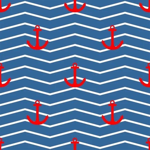 Tile sailor vector pattern with red anchor on white and blue stripes background — Stock Vector