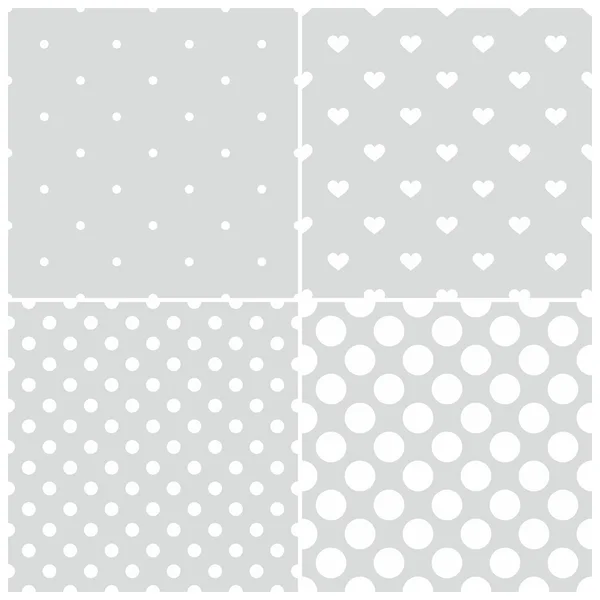 Tile vector pattern set with white polka dots and hearts on grey background — Stock Vector