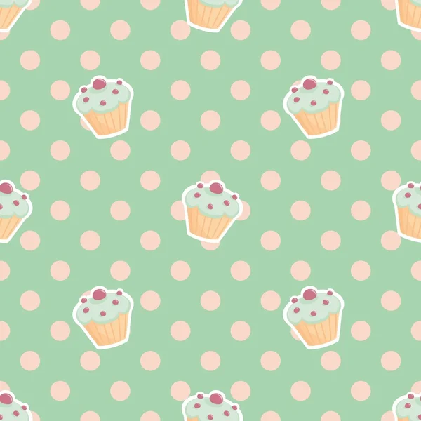 Kachelvektormuster mit Cupcakes und Tupfen auf mintgrünem Hintergrund — Stockvektor