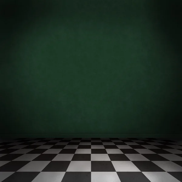 Dark green room with black and white checker on the floor — Stock Photo, Image