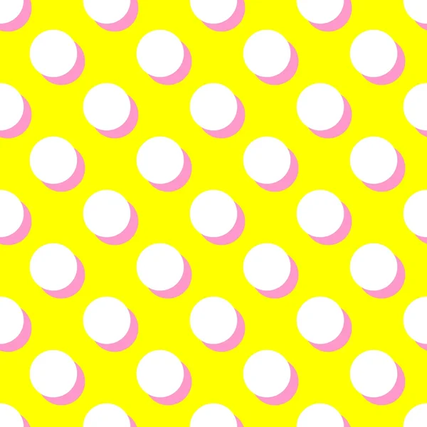 Tile vector pattern with white polka dots and pink shadow on yellow background — Stock Vector