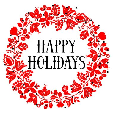 Mutlu tatil kırmızı vektör kartı çelenk ile